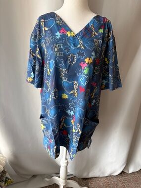 Navy Blue Puzzle Print Medical Scrub Top